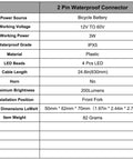 Specification chart for Electric Bike Front Light 200 Lumen Headlight With 2 Pin Waterproof Connector, 12V To 60V Compatible