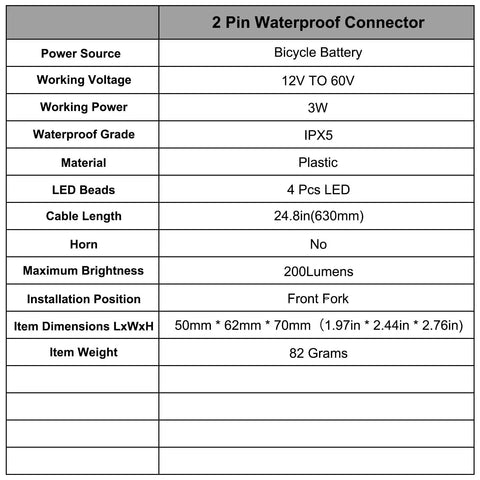 Specification chart for Electric Bike Front Light 200 Lumen Headlight With 2 Pin Waterproof Connector, 12V To 60V Compatible