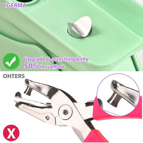 Close-up of Heavy Duty 3 Pack One Quarter Inch Hole Puncher with U-shaped blade for 50% labor savings, showing metal durability.