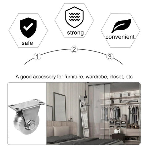 Heavy Duty Sliding Door Rollers With Double Bearings U Groove Track Wheels Stainless Steel Easy Install Triangular Bracket Pulley System For Cabinets And Gates Durable Smooth Operation No Wobble shown in a bedroom closet setup.