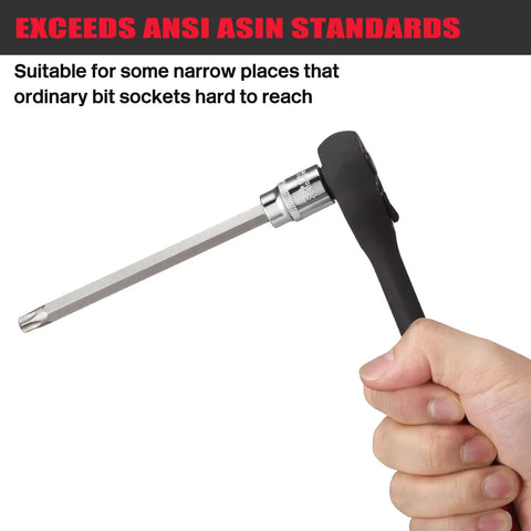 Hand holding Long Reach 3/8 Inch Torx Bit Socket from 15-piece set, showing extra-long design for hard-to-reach fasteners.