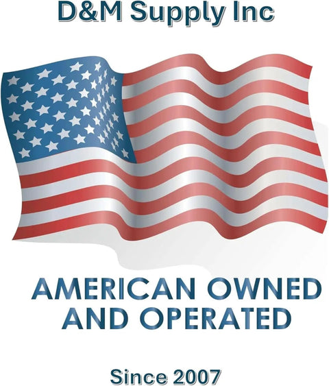 American flag with text 'D&M Supply Inc, American Owned and Operated, Since 2007'