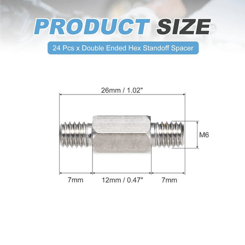 Front view of stainless steel double-ended hex spacer stud with M6 threads, 26mm total length.