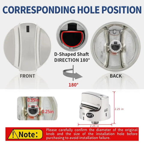 Five Pack Burner Knob Replacement Set 318282310 showing front, back, and side view with D-shaped shaft and dimensions