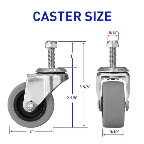 2 Inch Rubber Swivel Caster Wheels With Threaded Stem Five Sixteenths By Eighteen One Inch Stem Length dimensions displayed