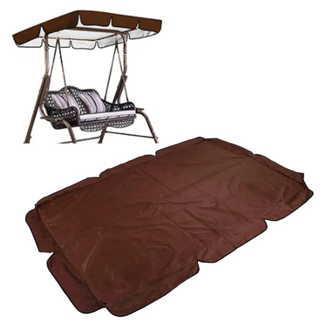 Weatherproof Porch Swing Canopy Cover 69x46.4 Inches, brown replacement top next to porch swing with silver-coated roof, easy install