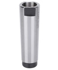 Side view of a silver MT3 to MT2 taper drill sleeve arbor adapter with black end caps