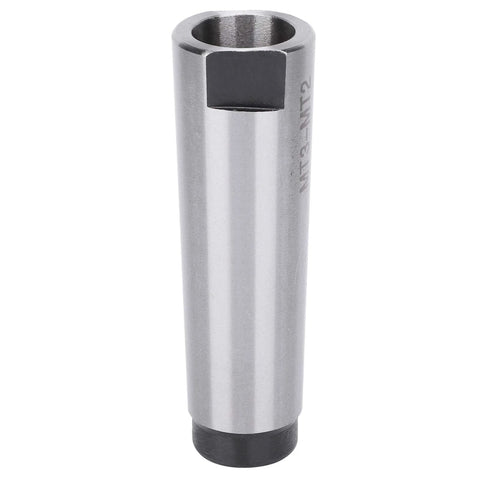 Side view of a silver MT3 to MT2 taper drill sleeve arbor adapter with black end caps