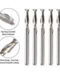 Five 1/16-in flat-nose carbide end mills with 1/8-in shanks; two-flute upcut bits for wood and plastic.