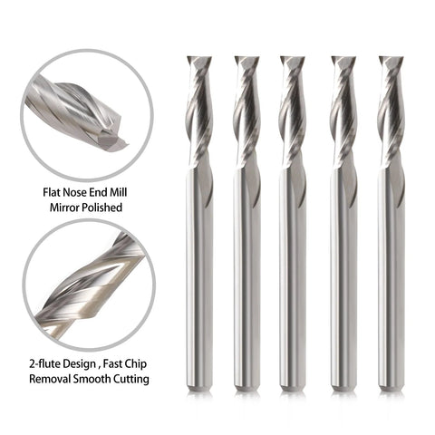 Five 1/16-in flat-nose carbide end mills with 1/8-in shanks; two-flute upcut bits for wood and plastic.