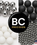 Chrome steel bearing balls, 1-inch diameter, BC Precision logo overlay.