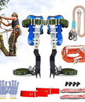 Adjustable Tree Climbing Spikes Kit With Dope Non Slip Pedal And Stainless Steel Gear shown with accessories in outdoor use.