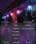 123 Ft Outdoor Color Changing String Lights With RGB CWIC LEDs showing old vs new version comparison, hanging on patio