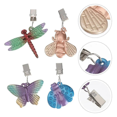 Alloy Tablecloth Clips Eight Pack 2.36 Inch Wide Non Slip Outdoor Tablecloth Holders with insect pendants, windproof secure fit.