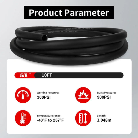 Coiled Five Eighth Inch Heater Hose Built Heavy Duty 10 Foot EPDM Radiator Coolant Line with product parameters displayed