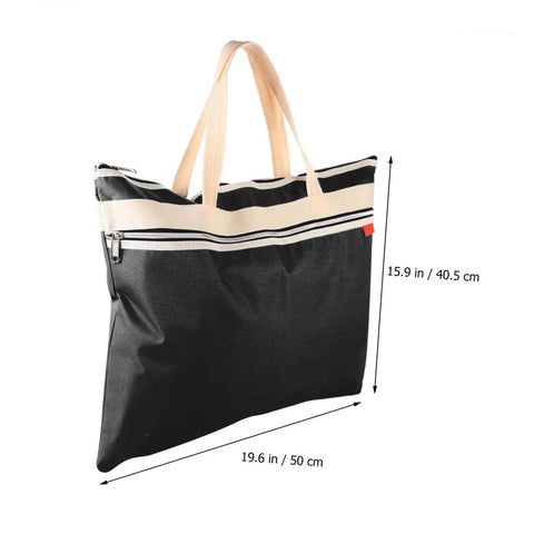 All In One Art Storage Pouch With Zipper File Bag for Documents Artwork and Supplies made of Oxford fabric with size dimensions.
