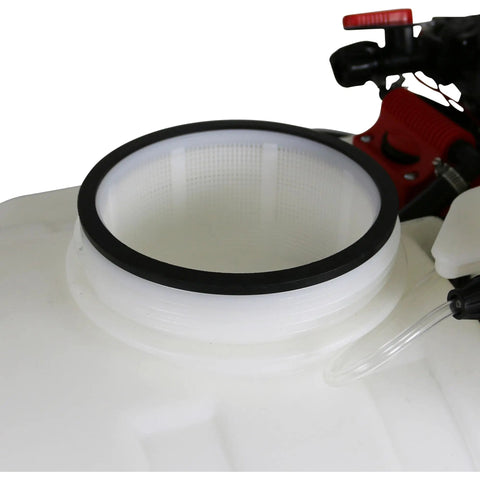 Close-up of Tow Behind ATV UTV Spot Sprayer With 25 Gallon Dual Water And Concentrate Tanks, 12V Pump, translucent white tank opening