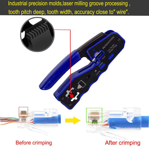Compact Pass Through Ethernet Crimp Tool Kit with wire cutter and stripper, showcasing before and after crimping with connectors