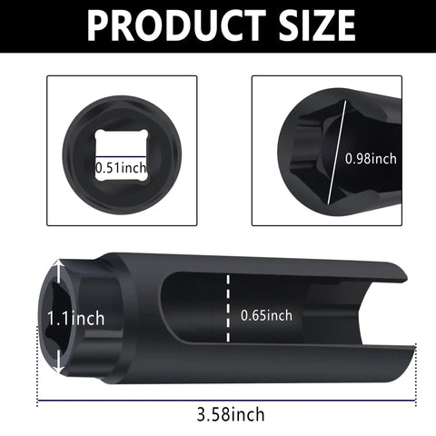 Heavy Duty 7/8 Inch O2 Sensor Socket And Knockout Extractor Tool For Any Domestic Or Import Rides crafted from premium chrome vanadium steel, showing detailed measurements.