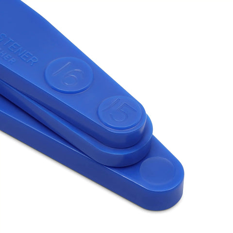 Blue Easy Attacher tool from Snap Fastener Kit With Easy Attacher Tool Nickel Finish For Shirts Jackets And Bags Size Fifteen Three Eighths Inch And Size Sixteen Seven Sixteenths Inch Includes Four Sets Of Size Sixteen with size markings 15 and 16 visible.