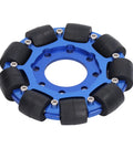 Blue 4in aluminium Omni wheel with eight black silicone rollers and central mounting bore for robot