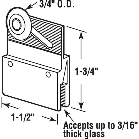 Top Shelf Frameless Shower Door Top Bracket Roller Assembly featuring smooth ride, designed for 3/16 inch glass, 3/4 inch round wheel.