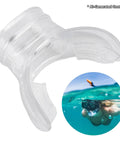 Clear PVC scuba diving mouthpiece replacement for snorkels, comfortable fit and durable underwater breathing mouth guard, no fuss to use for reef dives, open water explorations, and deep sea sessions, shown beside a snorkeling image.