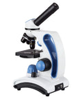 Side view of 40X-1000X Dual Light All-Metal Microscope Kit For Students And Kids With Slides And Microscope Book, blue and white design.