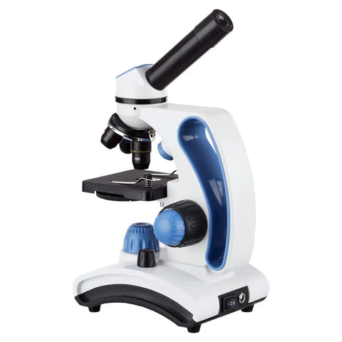 Side view of 40X-1000X Dual Light All-Metal Microscope Kit For Students And Kids With Slides And Microscope Book, blue and white design.