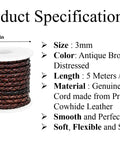 Spool of Genuine Round Braided Leather Cord For DIY Jewelry Making And Crafts 3mm Thick 5 Meters Long Antique Brown Distressed