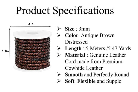 Spool of Genuine Round Braided Leather Cord For DIY Jewelry Making And Crafts 3mm Thick 5 Meters Long Antique Brown Distressed