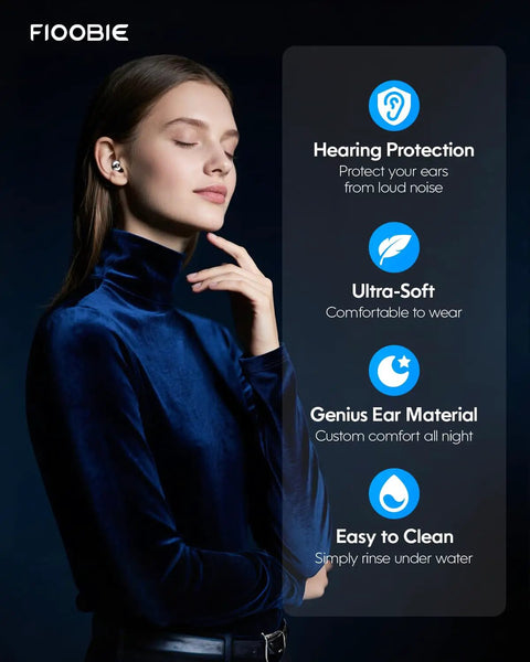 Woman wearing Pro Sleep Ear Plugs With Nano Silicone Noise Filtering, side view, showcasing comfort and features on graphic.