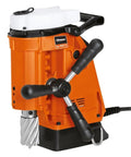 Heavy Duty Magnetic Drill Sized For One Point Six Two Five Inch Boring, orange, compact design with dual handles for grip.