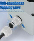 Close-up of cable using One-Stop Waterproof Cable Gland Kit, 50 Pcs with high-toughness gripping jaws in a plastic junction box