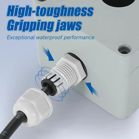Close-up of cable using One-Stop Waterproof Cable Gland Kit, 50 Pcs with high-toughness gripping jaws in a plastic junction box