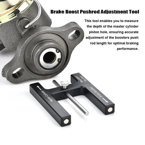 Go To Brake Booster Push Rod Adjustment Tool And Master Cylinder Length Gauge For A Precise Braking Pedal Feel Fits Most Boosters With Adjustable Pins Magnetic Ends For Easy Depth Checks And Setup. Black aluminum gauge with pin, used to measure master cylinder depth on a brake booster