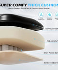Cross-section of massaging office chair cushion showing soft-touch leather, high-density foam, pocket springs, solid wood base.