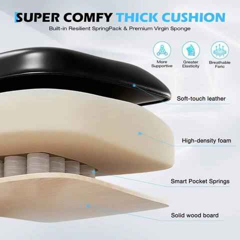 Cross-section of massaging office chair cushion showing soft-touch leather, high-density foam, pocket springs, solid wood base.