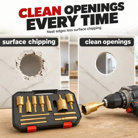 Solid 12 Pack Diamond Hole Saw Kit Brazed Bits For Cutting Ceramic Porcelain Tile Granite Marble Glass Dry Or Wet With No Slip Guide And Storage Bag 1/4 To 2 Inches Gold, showing clean openings and drill use