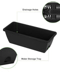 Close-up of black planter box with drainage holes and water storage tray for Five Tier Vertical Garden Planter For Balcony Or Patio No Bend Ergonomic Design Space Saving Raised Garden Bed For Herbs Flowers And Vegetables Easy Setup Durable Weather Resistant Black.