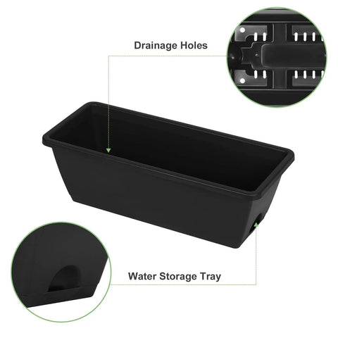 Close-up of black planter box with drainage holes and water storage tray for Five Tier Vertical Garden Planter For Balcony Or Patio No Bend Ergonomic Design Space Saving Raised Garden Bed For Herbs Flowers And Vegetables Easy Setup Durable Weather Resistant Black.