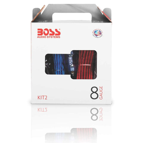8 Gauge Car Amplifier Wiring Kit box showing power cables, ground cables, turn-on wire, speaker wire for DIY audio upgrade