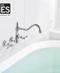 Vintage Tub Faucet Wall Mount 3 Hole 8 Inch Center Chrome Finish Solid Brass Construction Drip Free One Quarter Turn Ceramic Disc Cartridge 9.6 Inch Spout Reach Retro Bath Upgrade installed above a tub.