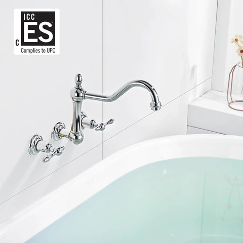 Vintage Tub Faucet Wall Mount 3 Hole 8 Inch Center Chrome Finish Solid Brass Construction Drip Free One Quarter Turn Ceramic Disc Cartridge 9.6 Inch Spout Reach Retro Bath Upgrade installed above a tub.
