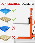 Image showing the Rock Solid Manual Pallet Stacker And Heavy Duty Hand Forklift Featuring Pro Level 2200 Lb Load Capacity, indicating applicable pallets.