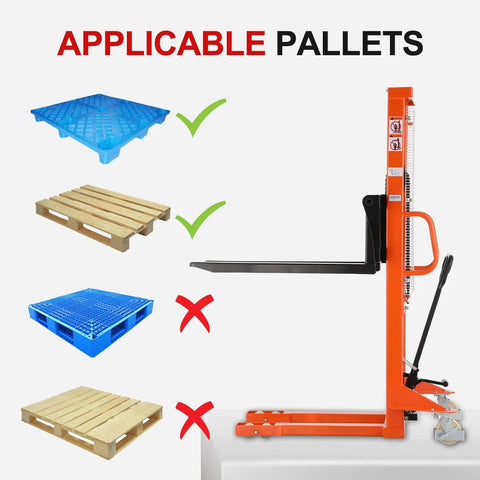 Image showing the Rock Solid Manual Pallet Stacker And Heavy Duty Hand Forklift Featuring Pro Level 2200 Lb Load Capacity, indicating applicable pallets.