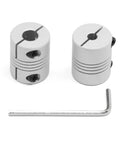 Two aluminum 5x8mm flexible shaft couplings with Allen key, 25mm length, 20mm diameter