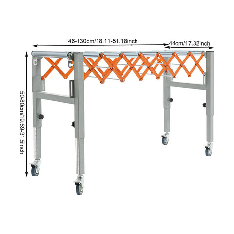 Heavy Duty Adjustable Gravity Roller Table With Rolling Caster Wheels Expandable Extendable Conveyor Belt for moving heavy loads, shown folded.