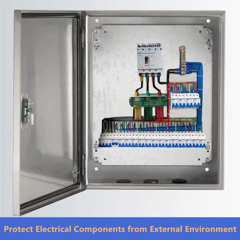 Open weatherproof 304 stainless steel electrical enclosure box 20 by 16 by 8 inches showing wiring and mounting plate.