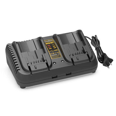 DCB102BP Replacement Charger For DeWalt 20V Max Dual Battery Charging Station With USB Ports on white background